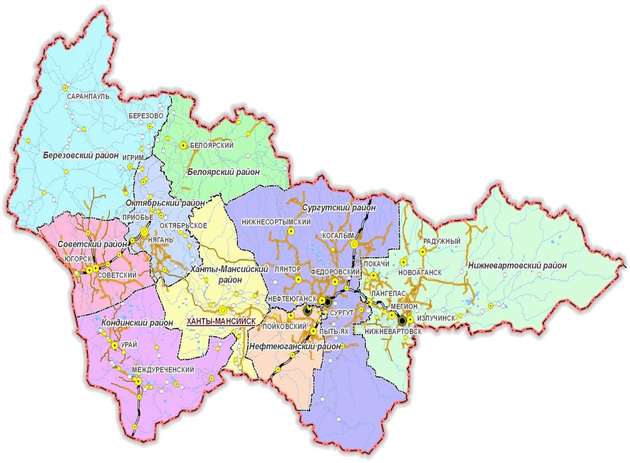 Автомобильные дороги Ханты-Мансийского автономного округа - Югра на карте РФ со спутника